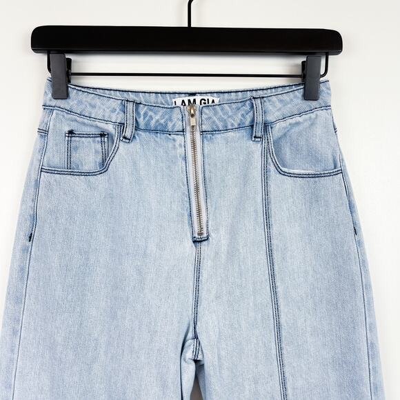 I AM GIA Size 2XS XXS High Rise Straight Leg Patch Denim Jeans Blue - Picture 3 of 9